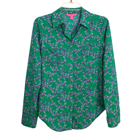Lilly Pulitzer Sea View Button Front Top Size XS Green Blue Zebra Print Resort - Picture 2 of 10